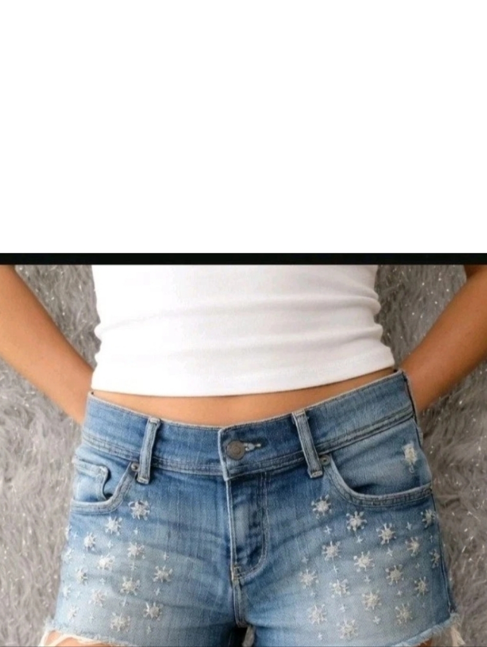 Vintage Y2k Abercrombie Fitch Mini Low Rise Jean Shorts Embellished Snowflakes 6